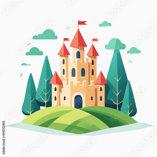 Fairytale Castle Illustration on a Lush Green Hill with Trees and Clouds