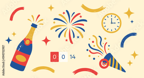 Festive celebration elements with fireworks champagne bottle and clock on a light background flat design for new year greetings