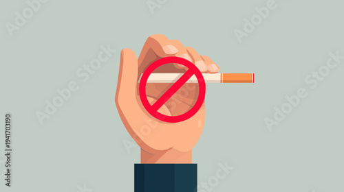Hand holding a cigarette with a no smoking sign