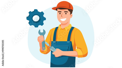 Smiling Mechanic Holding Tools With Gear Icon