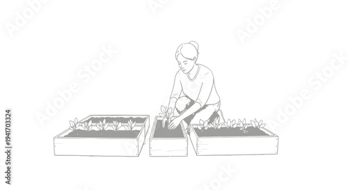 Person tending to plants in raised garden beds, cultivating a small home garden.