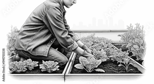 Person tending to a raised garden bed, cultivating fresh produce.