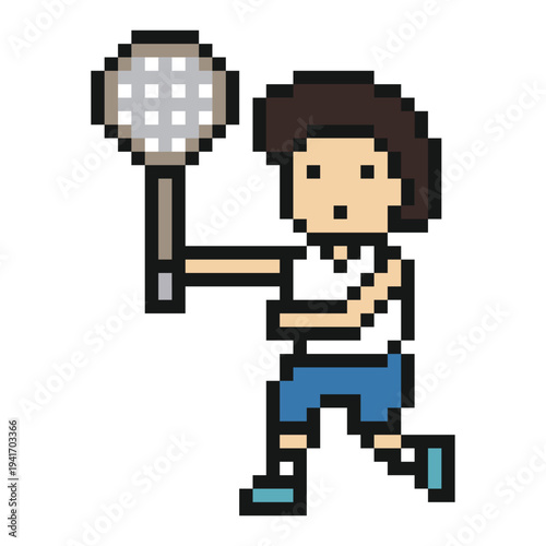 Cartoon man play tennis or badminton 8 bit with character,training,racket,cute,swing,court.