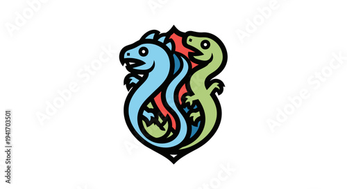 Colorful Dragon Illustration with Two Heads.
