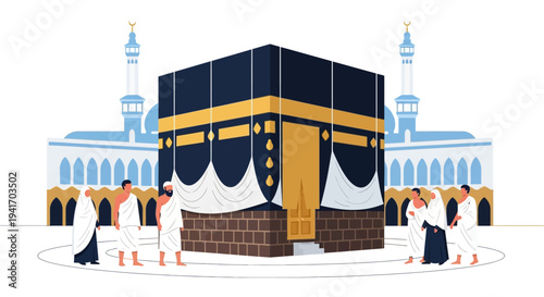 Pilgrims circumambulating the Kaaba at the Grand Mosque in Mecca during Hajj, an important Islamic ritual, vector illustration