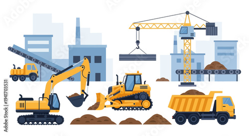 Heavy Construction and Mining Equipment Set: Excavator, Bulldozer, Dump Truck, Crane, and Conveyor Belt on an Industrial Site