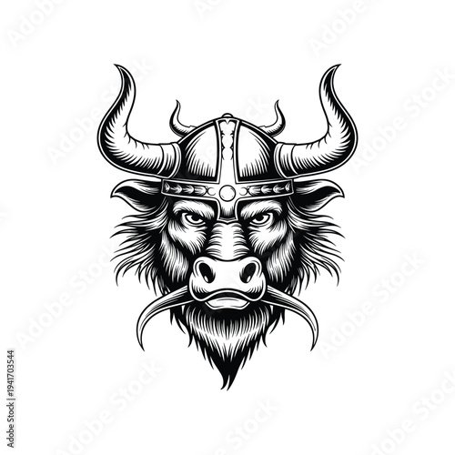 Black and white of a bull wearing a viking helmet horns 1