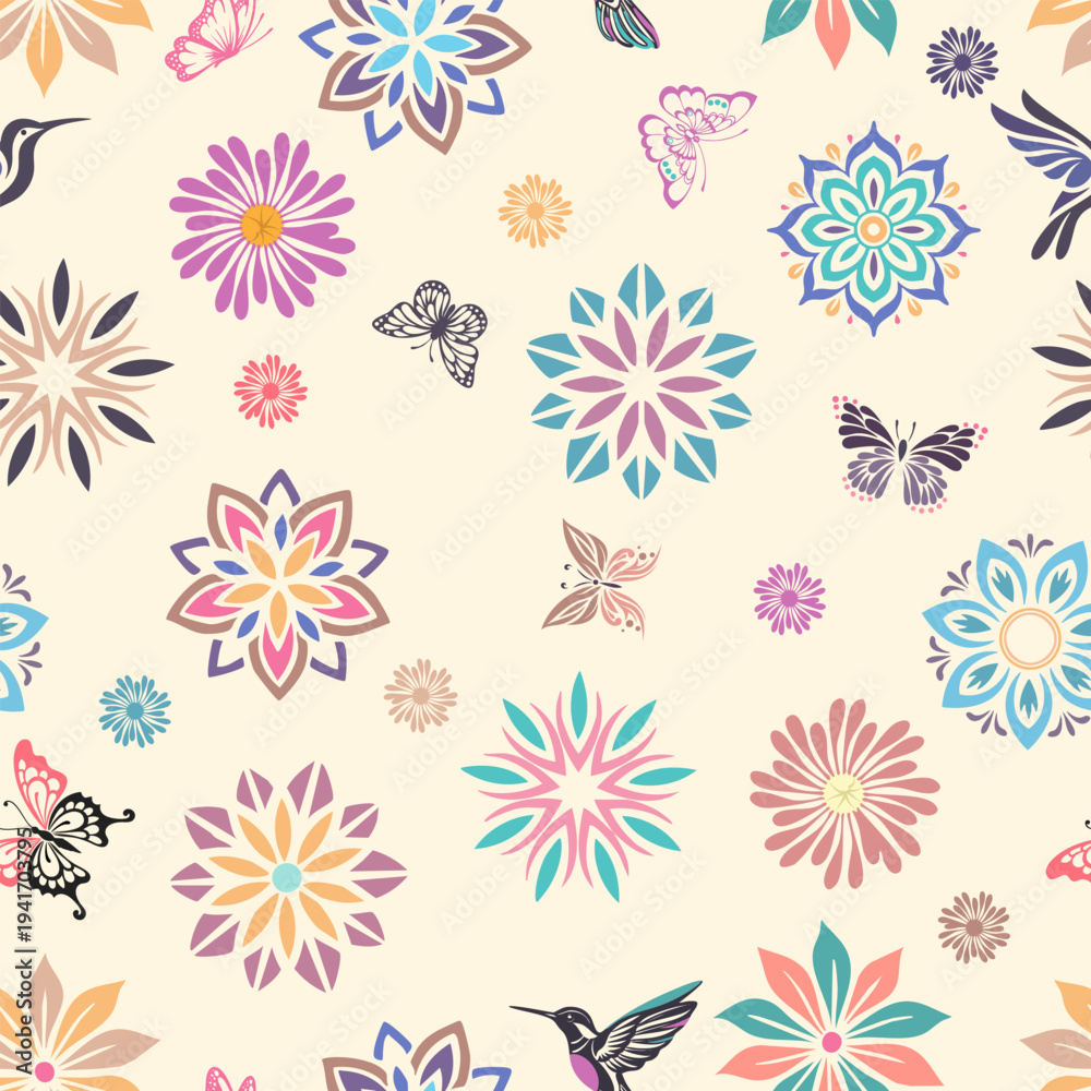 Obraz premium Hummingbird Butterfly Mandala Floral Seamless Summer Pattern