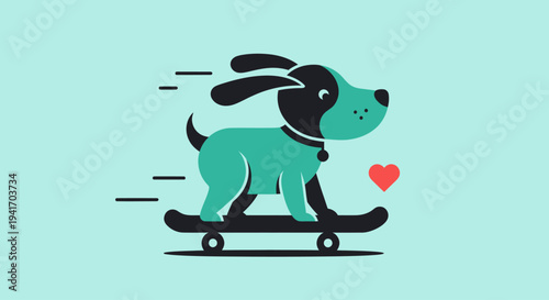 Cartoon dog riding skateboard with heart.