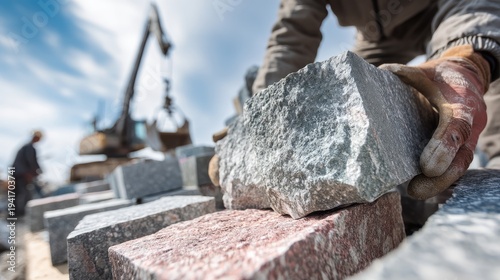 Wallpaper Mural A construction worker carefully lifts a large, gray stone block. Torontodigital.ca