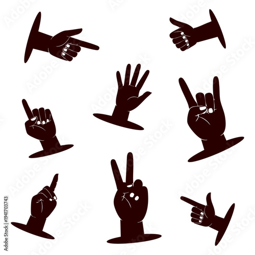 Hand Gesture Icons Set Isolated On White Background, Human Hand Signs And Finger Pointing Gesture Collection, Hand Signal Silhouette Vector Icons Pack, Finger Pointing And Communication Hand Gestures 