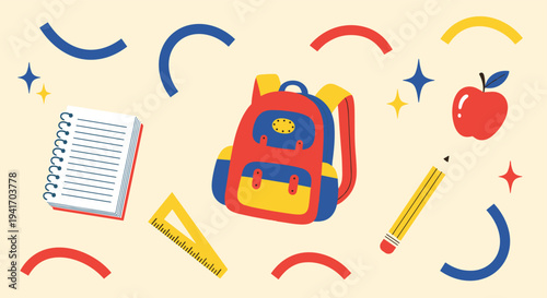 School supplies floating with abstract shapes flat design colorful illustration for back to school and learning concepts