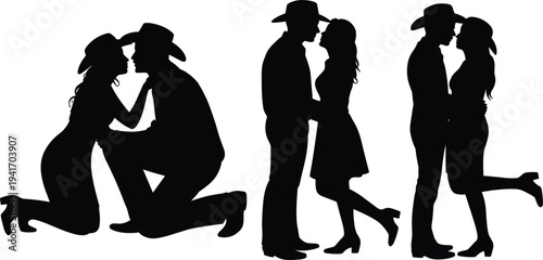 Collection of romantic cowboy and cowgirl silhouettes featuring couples in western hats proposing and embracing for country wedding designs