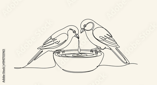 Two Birds Drinking from a Bowl.