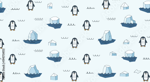 Penguin and Iceberg Pattern on White Background.