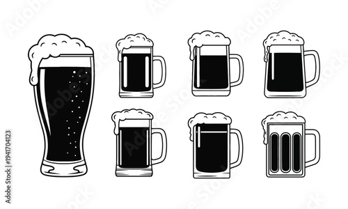 Black beer glasses with foam, eight different types, line art style