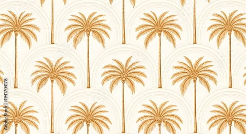 Seamless tropical palm tree pattern with beach sunset and ocean summer vacation design