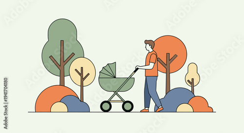 Man Pushing Baby Stroller in Park.