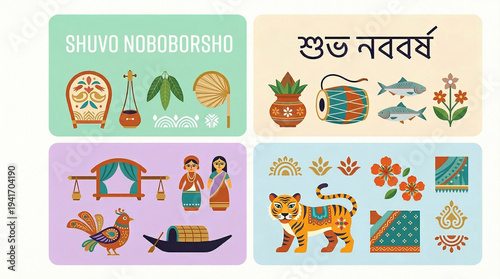 Bengali New Year Celebration: A vibrant collection of illustrations celebrating Bengali New Year, featuring cultural symbols, traditional motifs, and festive elements.