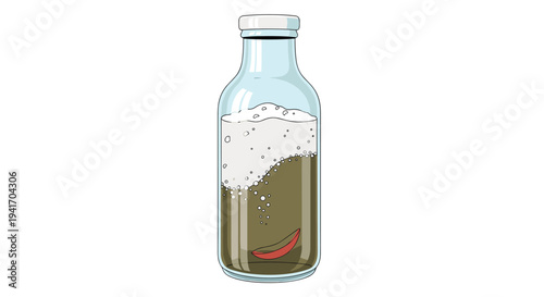 Illustration of a glass bottle filled with a dark effervescent carbonated drink and a red slice of fruit at the bottom.