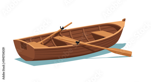 Detailed perspective view of a traditional wooden rowing boat with two long oars resting on the gunwales and seats inside.