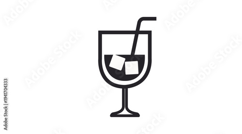 Clean black vector icon of a cocktail glass filled with drink, ice cubes and a straw, representing cocktails, beverages, refreshments, nightlife, bars and parties. Minimalist and modern design
