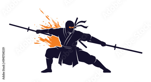 Dynamic silhouette of a ninja warrior in a combat stance holding two long swords against a vibrant orange ink splash.