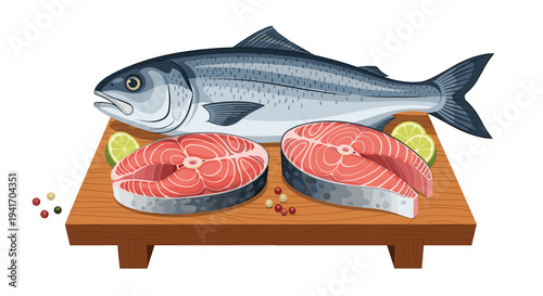Fresh raw seafood platter featuring a whole fish and two salmon steaks on a wooden cutting board with lemon and spices.