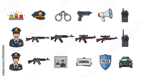 Detailed set of police and crime prevention icons featuring officers, patrol cars, rifles, handcuffs, and mugshot frames.
