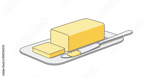 Block of fresh butter served on a small rectangular plate with a cut slice and a silver butter knife resting nearby.