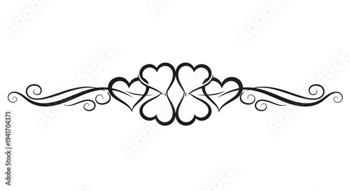 Elegant black line art decorative divider featuring four interlocking hearts and ornate swirling flourishes.