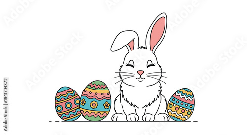 Cute white easter bunny character sitting peacefully next to three colorful and decorated eggs on a white background.