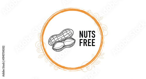Nuts free product label featuring a hand-drawn peanut icon inside an orange brushstroke circle with floral accents.