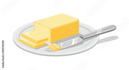 Block of butter on a round white plate with a couple of cut slices and a silver butter knife resting on the side.