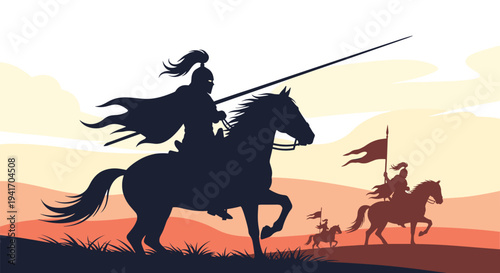 Silhouette of a medieval knight on horseback with a long spear leading a group across a landscape at sunset.
