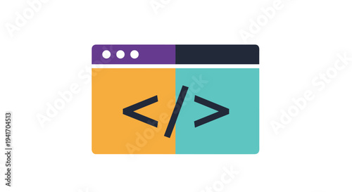 Simple colorful icon of a computer web browser window with coding symbols and orange and teal panels on white.