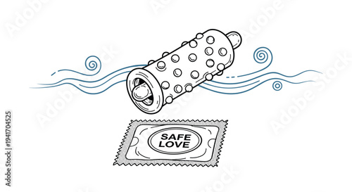 Hand drawn illustration of a textured condom and its square wrapper labeled safe love on a blue wavy background.