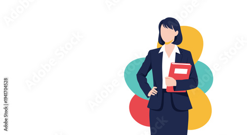 Successful businesswoman in a suit standing with her hand on her hip and holding a red folder against a colorful background.