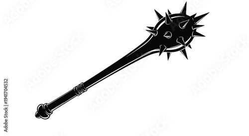 Black and white illustration of a medieval mace weapon with sharp spikes on the head and a ribbed handle against white.