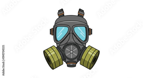 Detailed cartoon illustration of a black and grey military grade gas mask with two green filters and blue lenses.