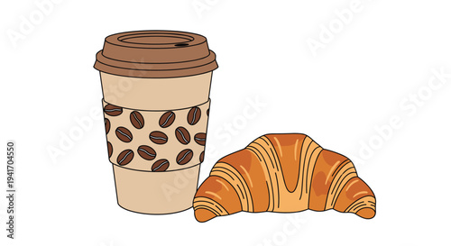 Illustration of a takeaway coffee cup in a brown holder with a bean pattern next to a fresh flaky croissant on white.