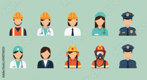 Collection of diverse occupational avatars representing different professions like doctor police officer and firefighter.
