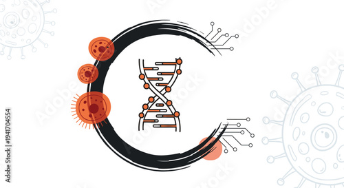 Illustration of a DNA double helix molecule inside a black circular stroke surrounded by orange virus cell icons.