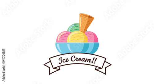 Delicious bowl of assorted ice cream scoops with different flavors and a crispy waffle cone on top against a white background.