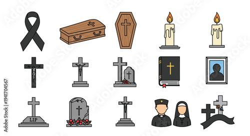 Comprehensive collection of mourning and funeral icons including coffins crosses candles and religious figures.