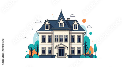 Symmetrical illustration of a grand luxury mansion with multiple stories and gabled roofs in a park-like setting.