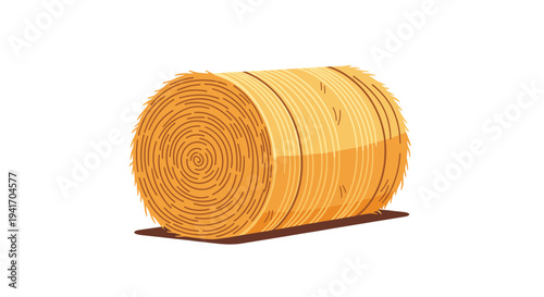 Realistic illustration of a large round hay bale made of dried golden grass on a white background with a shadow.