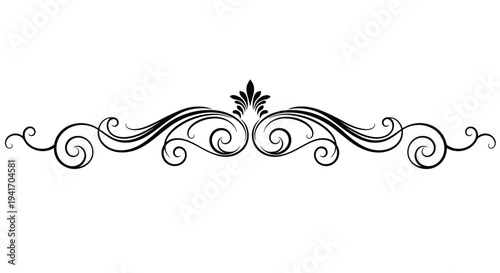 Elegant black horizontal scroll ornament with delicate swirls and a central leaf motif on a white background.