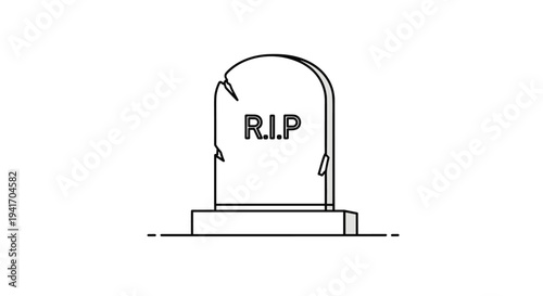Simple line drawing of a cracked stone gravestone with the letters rip engraved on it against a white background.