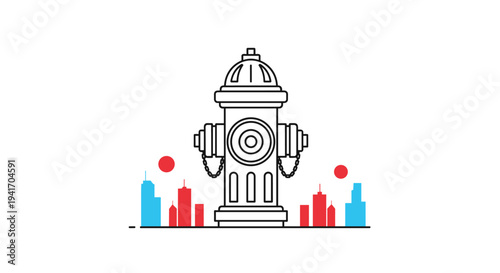 Illustration of a classic fire hydrant standing against a stylized city skyline with red accents under a clean white background.